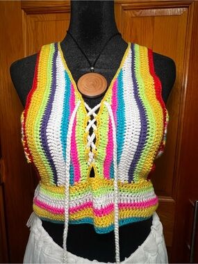 Multicolor Striped Crochet Lace-Up Crop Top